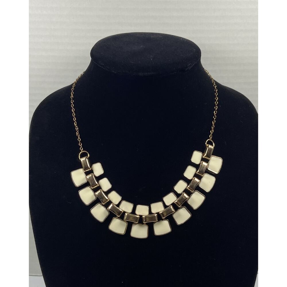 Gold Tone Cream Enamel Statement Bold Tile Necklace Retro 18 in Adjustable